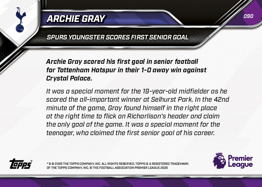 Archie Gray - 2025-26 Premier League Topps NOW - Card 90 - PR: 522 - Image 7