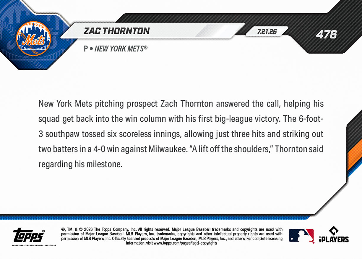 Alternative view of Zac Thornton - 2026 MLB Topps NOW - Card 476 - PR: 1080