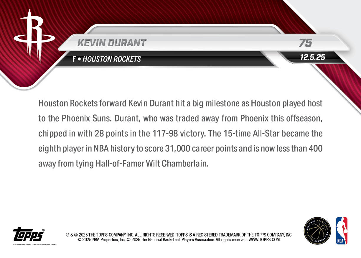 Kevin Durant - 2025-26 NBA Topps NOW - Card 75 - PR: 986 - Image 2