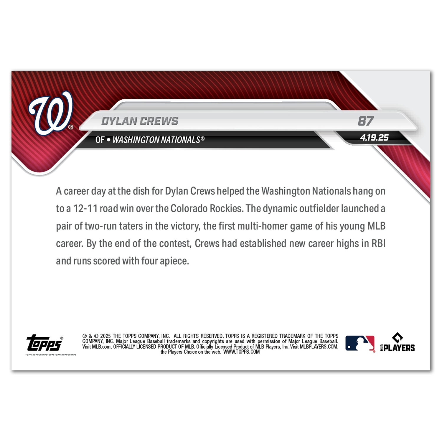Dylan Crews - 2025 MLB Topps NOW - Card 87 - LOOK FOR AUTOS - PR: 3681 - Image 3