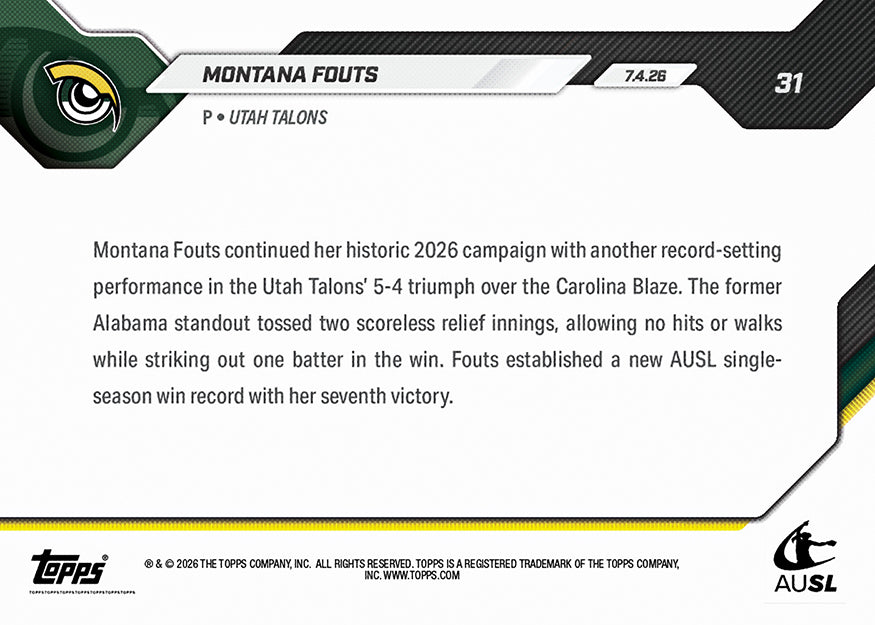 Montana Fouts - 2026 AUSL Topps NOW - Card 31 - PR: 1169 - Image 3