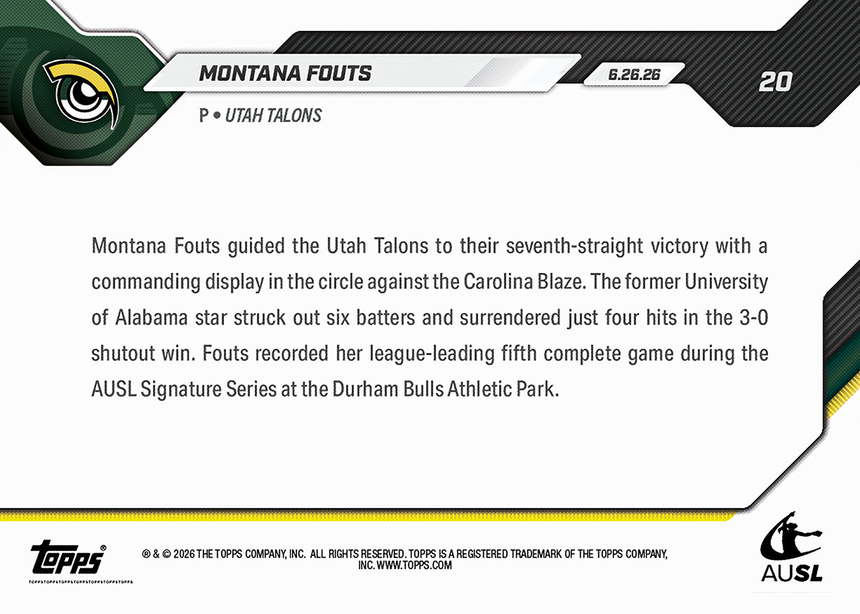 Montana Fouts - 2026 AUSL Topps NOW - Card 20 - PR: 771 - Image 2
