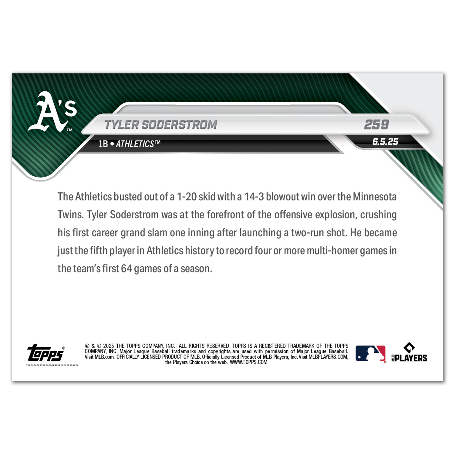 Tyler Soderstrom - 2025 MLB Topps NOW - Card 259 - PR: 567 - Image 2