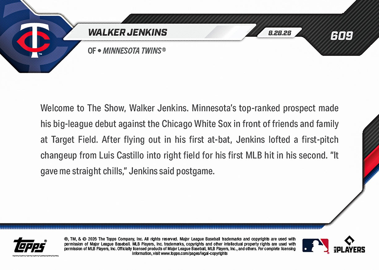Alternative view of Walker Jenkins - 2026 MLB Topps NOW - Card 609 - PR: 3410