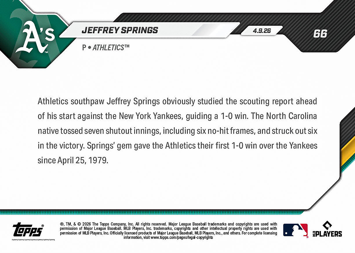 Jeffrey Springs - 2026 MLB Topps NOW - Card 66 - PR: 372 - Image 2