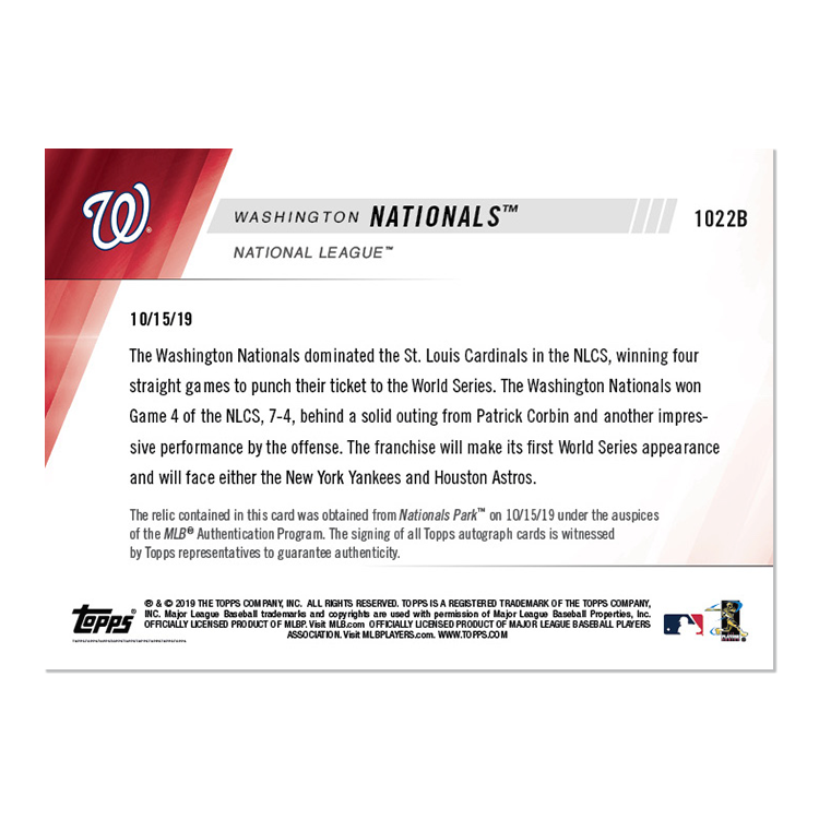 Game-used Base Relic # to 10 - Washington Nationals - MLB TOPPS NOW Card 1022B - Image 2