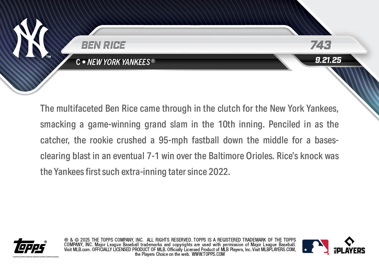 Ben Rice - 2025 MLB Topps NOW - Card 743 - PR: 1397 - Image 2