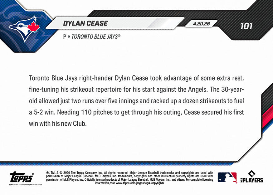 Dylan Cease - 2026 MLB Topps NOW - Card 101 - PR: 471 - Image 2