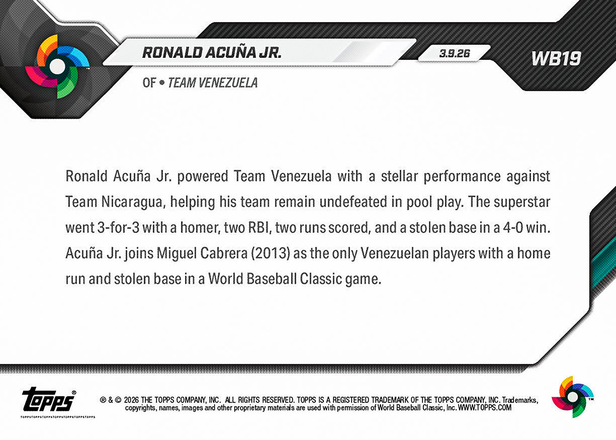 Ronald Acuña Jr. - 2026 World Baseball Classic Topps NOW - Card 19 - PR: 1090 - Image 2