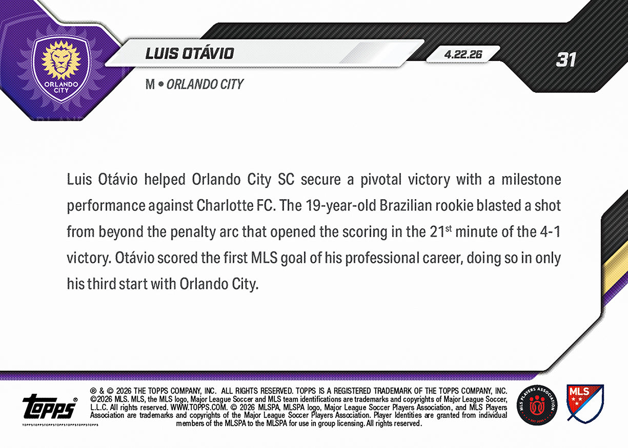 Luis Otávio - 2026 MLS Topps NOW - Card 31 - PR: 228 - Image 2