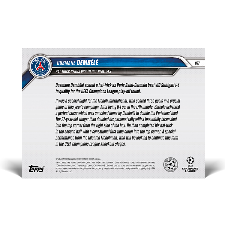 Ousmane Dembélé - Hat-trick sends PSG to UCL playoffs - 24/25 UCL Topps NOW Card 87 - PR: 91 - Image 2