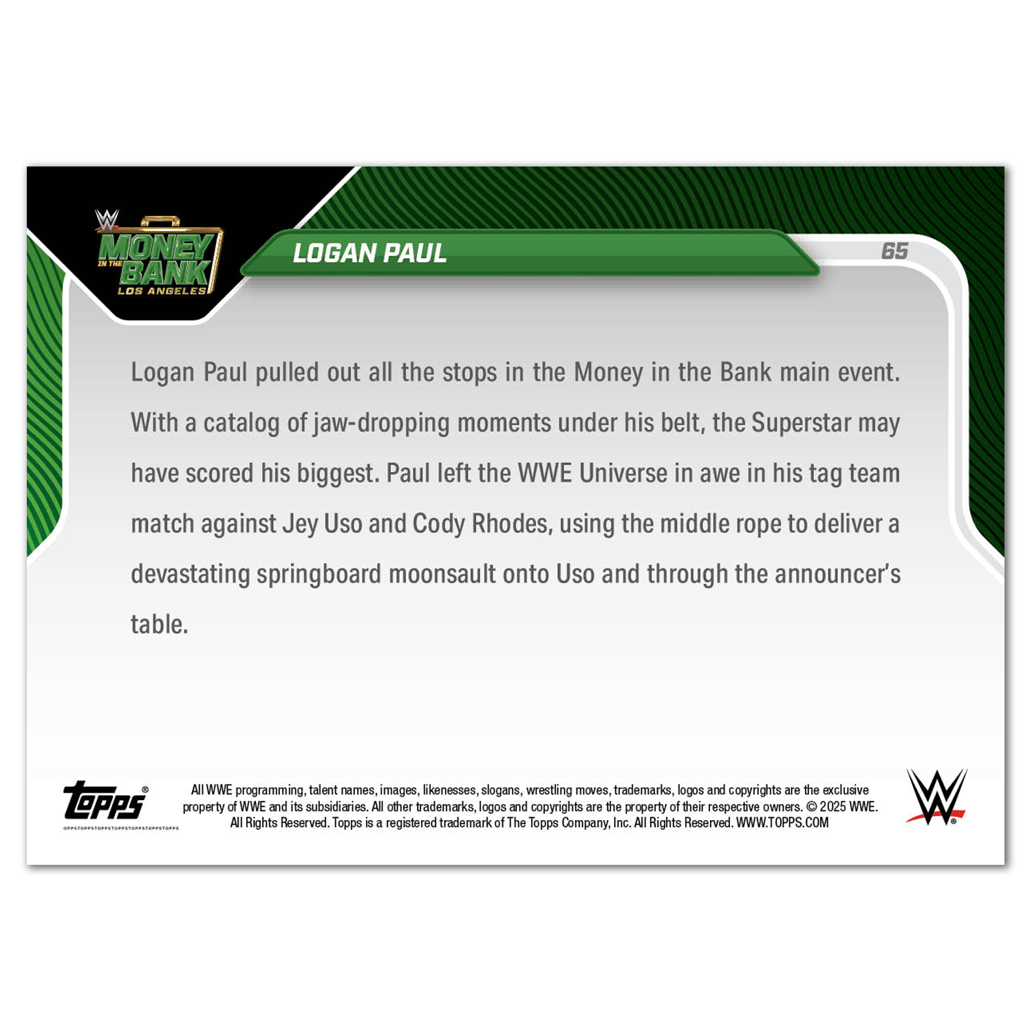 Logan Paul - 2025 WWE Topps NOW - Card 65 - PR: 4940 - Image 2