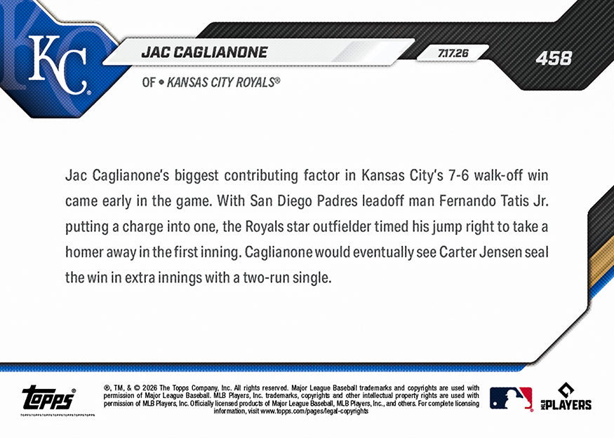 Jac Caglianone - 2026 MLB Topps NOW - Card 458 - PR: 1620 - Image 2