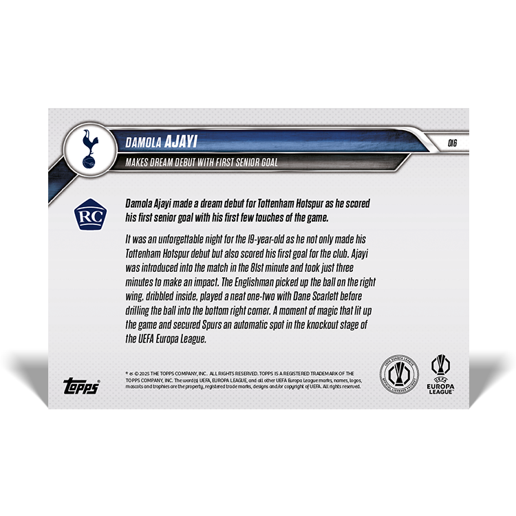 Damola Ajayi - Makes dream debut with first senior goal - 24/25 UEL TOPPS NOW Card 16 - Image 2
