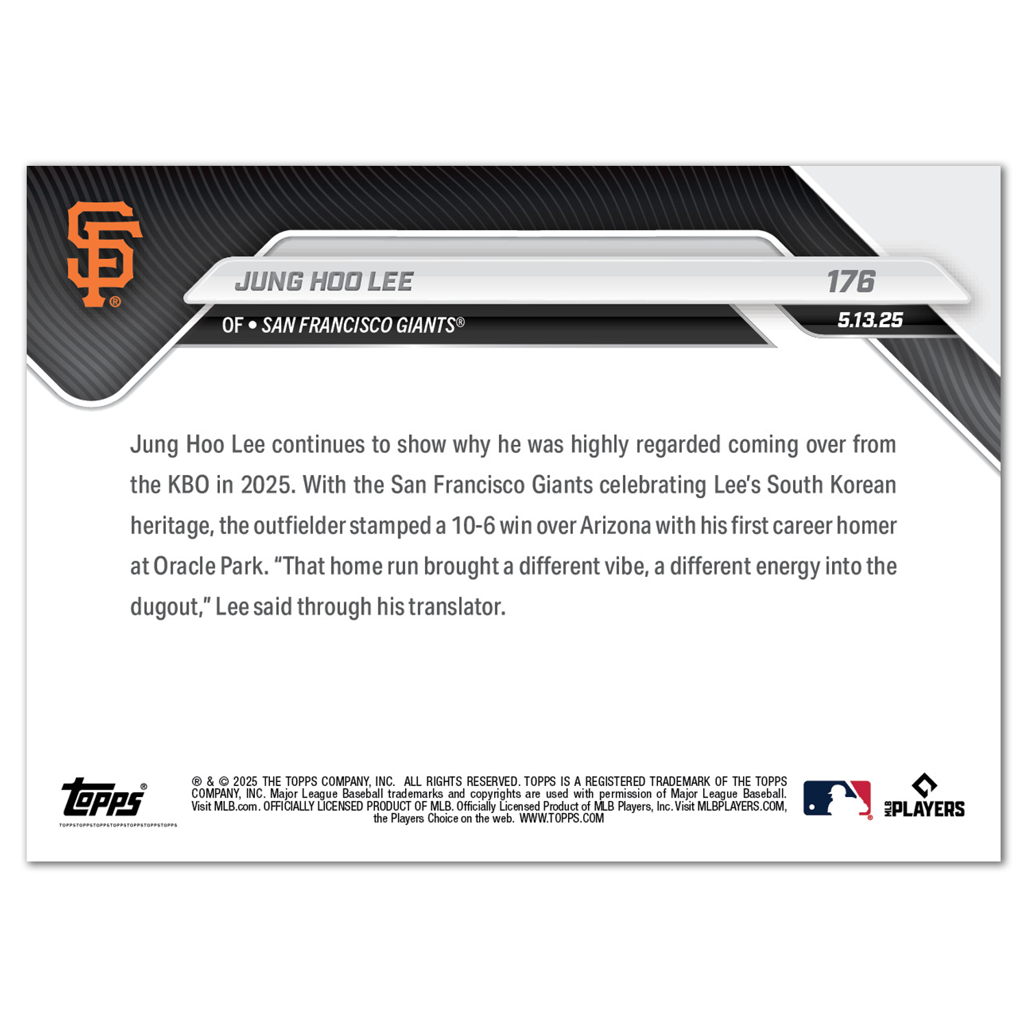 Jung Hoo Lee - 2025 MLB Topps NOW - Card 176 - PR: 1313 - Image 2