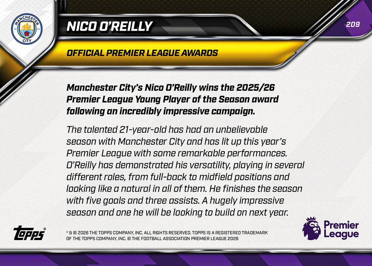 Nico O'Reilly - 2025-26 Premier League Topps NOW - Card 209 - PR: 845 - Image 8