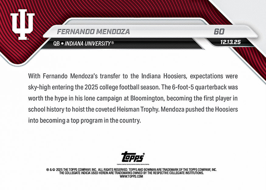 Fernando Mendoza – 2025-26 Bowman U NOW Football – Heisman Trophy Winner – Card 60 - PR: 14052 - Image 4