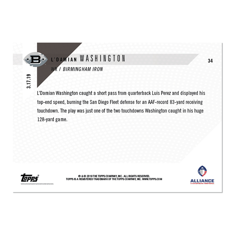 L'Damian Washington - AAF TOPPS NOW Card 34 - Print Run: 274 - Image 2