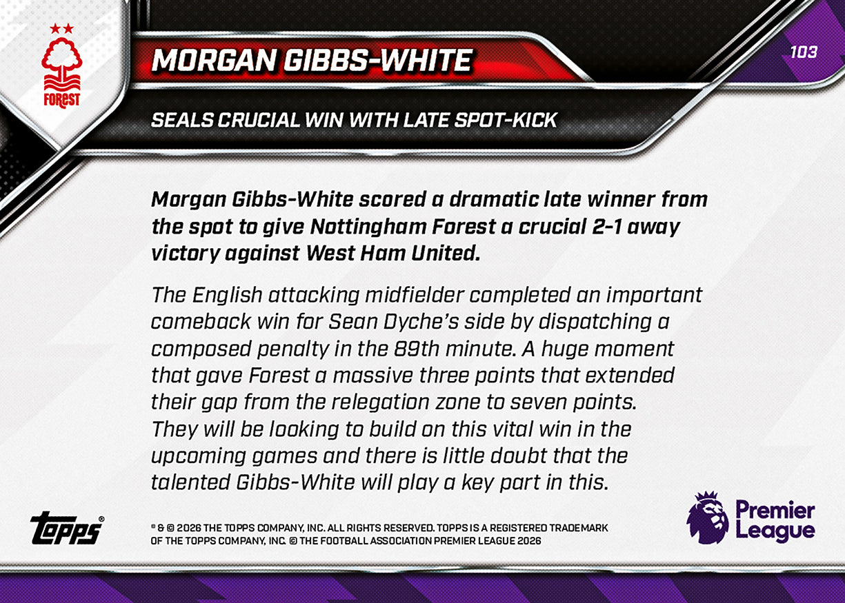 Morgan Gibbs-White - 2025-26 Premier League Topps NOW - Card 103 - PR: 132 - Image 7