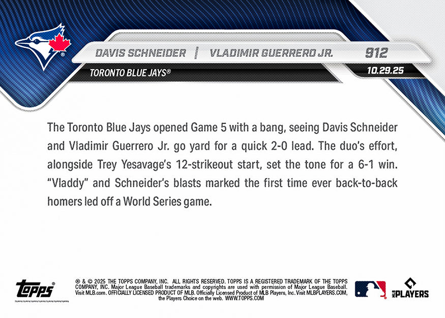 Davis Schneider / Vladimir Guerrero Jr. - 2025 MLB Topps NOW - Card 912 - PR: 4616 - Image 3