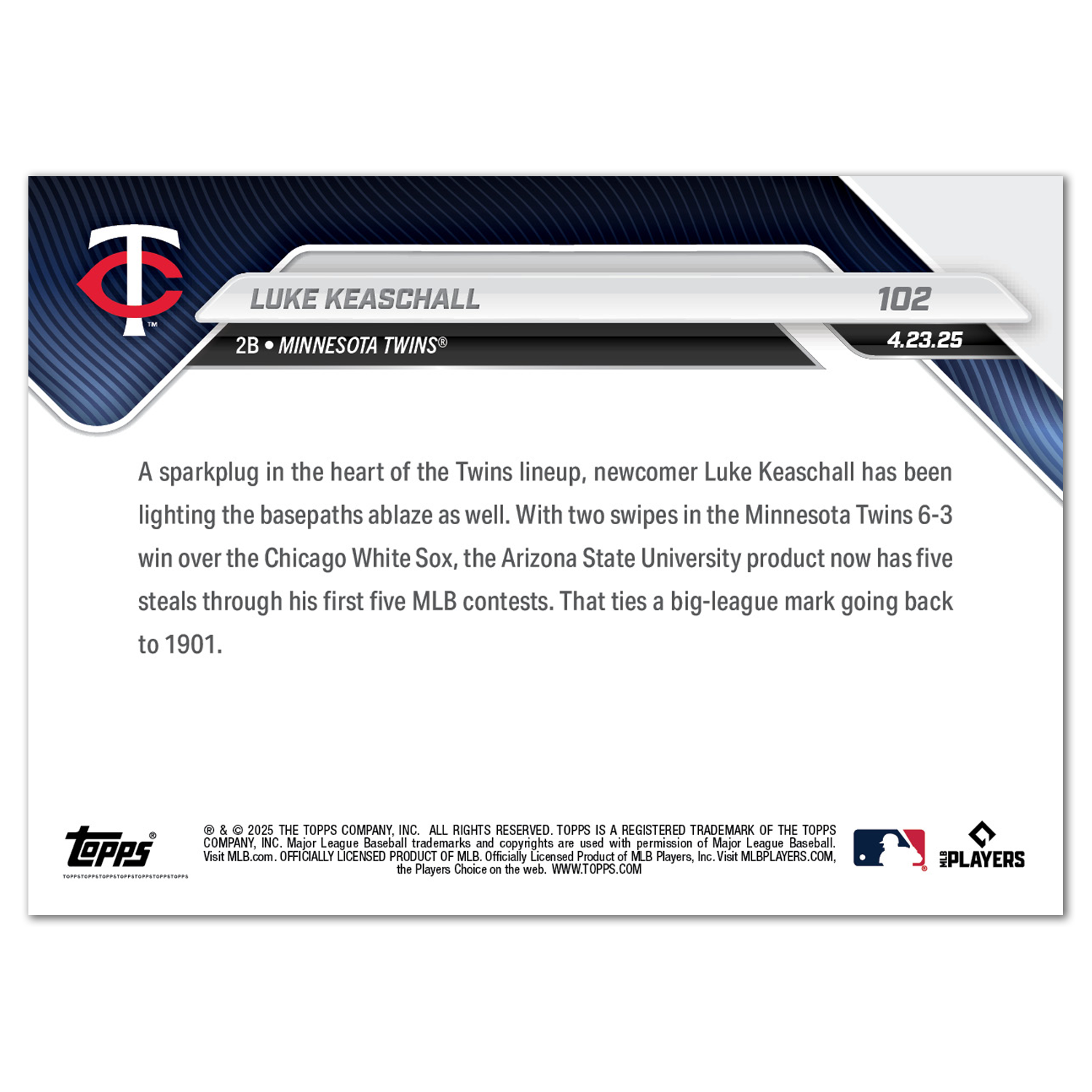 Luke Keaschall - 2025 MLB Topps NOW - Card 102 - PR: 1606 - Image 2