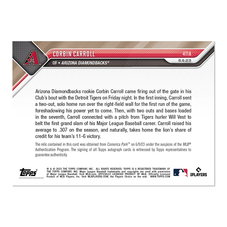On-Card Auto-Relic # to 99 or Lower - Corbin Carroll - 2023 MLB TOPPS NOW Card 411 - Image 4