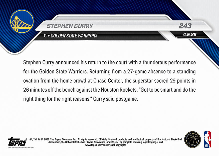 Stephen Curry - 2025-26 NBA Topps NOW - Card 243 - PR: 3118 - Image 2
