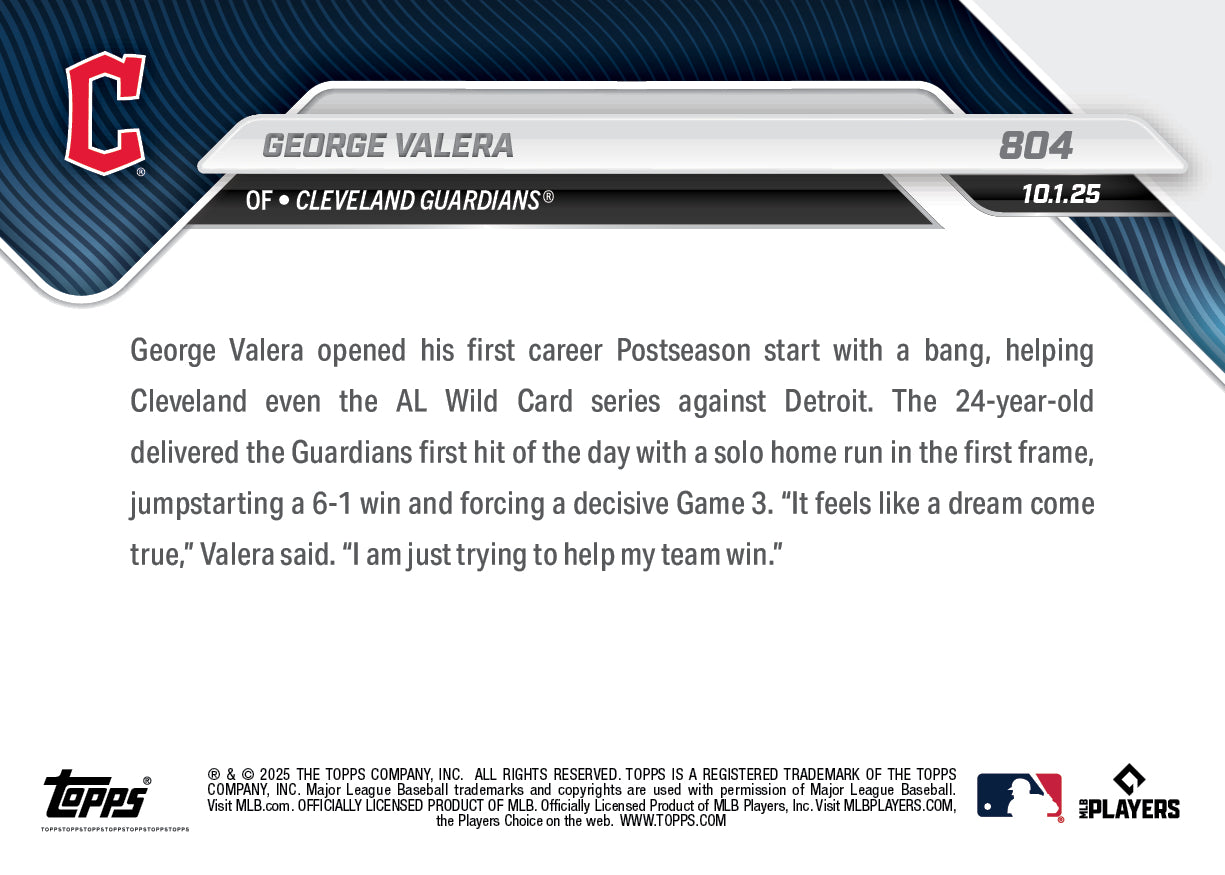 George Valera - 2025 MLB Topps NOW - Card 804 - PR: 582 - Image 2