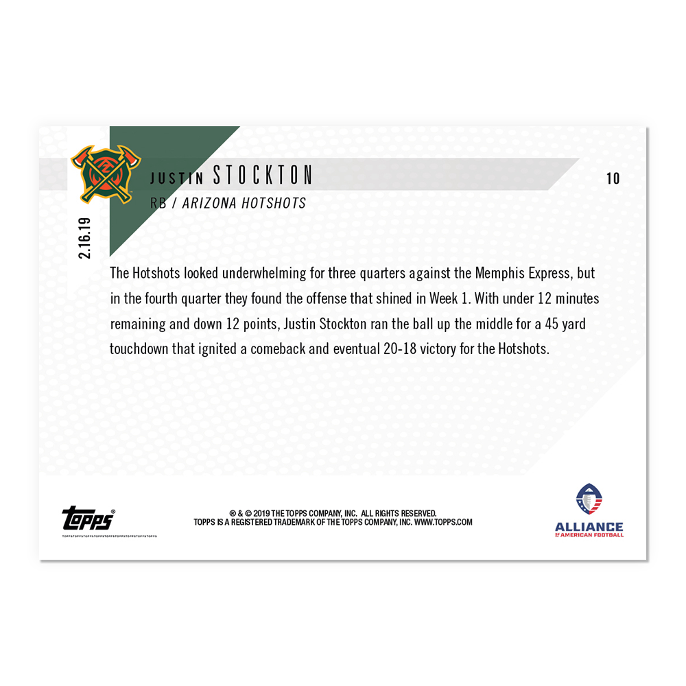 Justin Stockton - AAF TOPPS NOW Card 10 - Print Run: 279 - Image 2