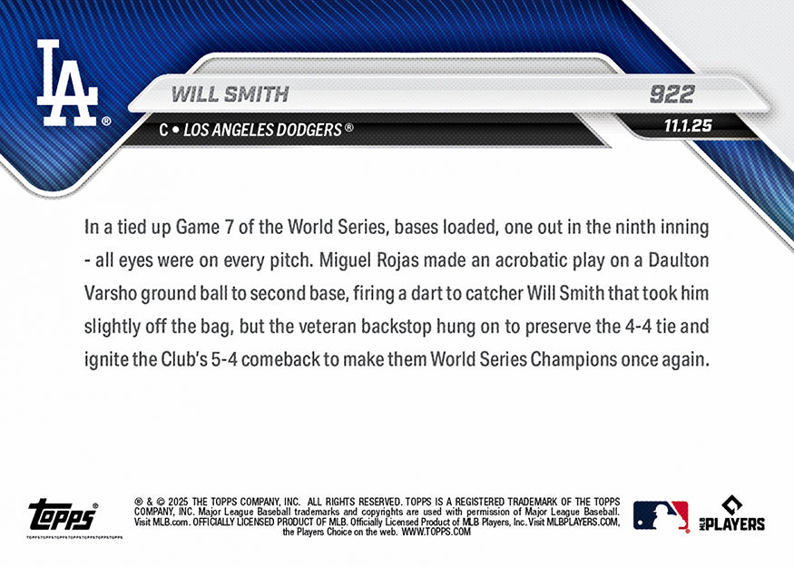 Will Smith - 2025 MLB Topps NOW - Card 922 - PR: 6851 - Image 2