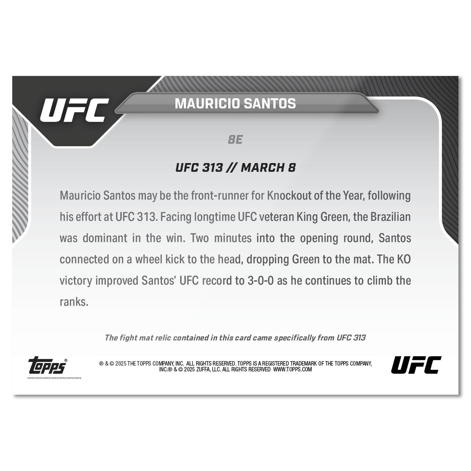 Event-used Mat Relic # to 50 or Lower - Mauricio Santos - 2025 UFC Topps NOW - Card 8 - Image 2
