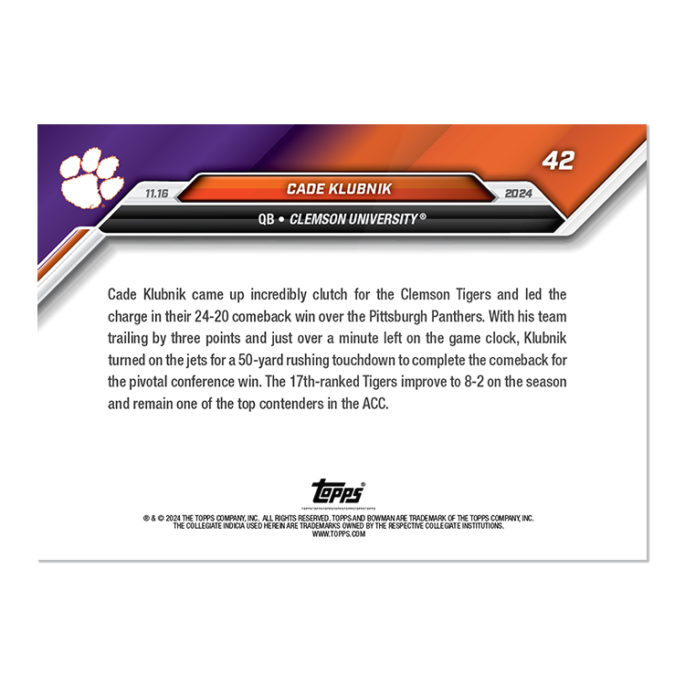 Cade Klubnik - 2024 Bowman U NOW Football Card 42 - PR: 278 - Image 2