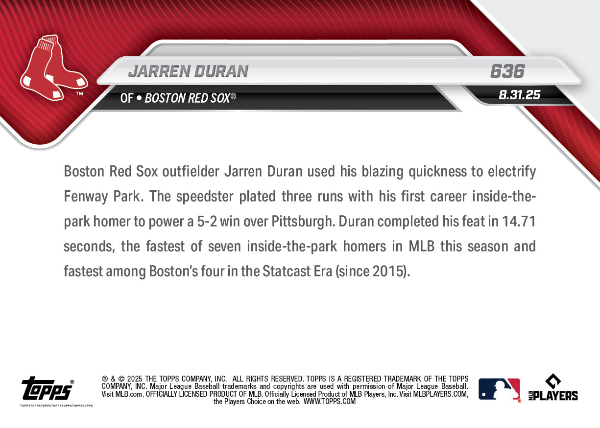 Jarren Duran - 2025 MLB Topps NOW - Card 636 - PR: 1167 - Image 2