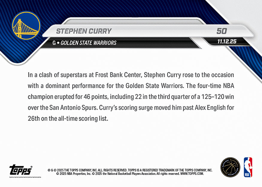 Stephen Curry - 2025-26 NBA Topps NOW - Card 50 - PR: 2789 - Image 3
