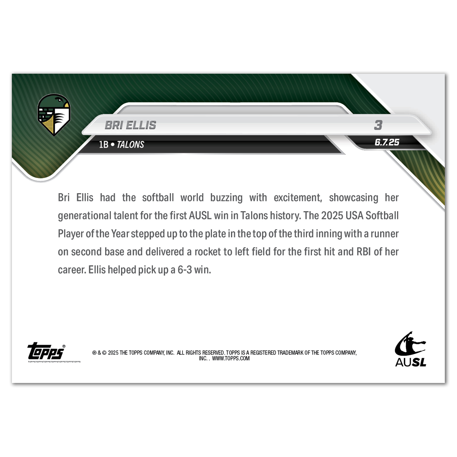 Bri Ellis - 2025 AUSL Topps NOW - Card 3 - LOOK FOR AUTOS - PR: 2693 - Image 3