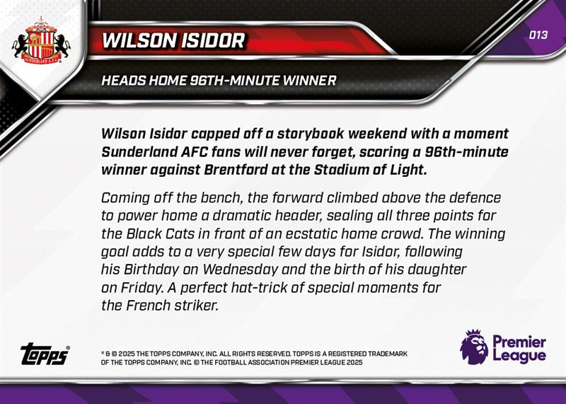 Wilson Isidor - 2025-26 Premier League Topps NOW - Card 13 - PR: 989 - Image 7