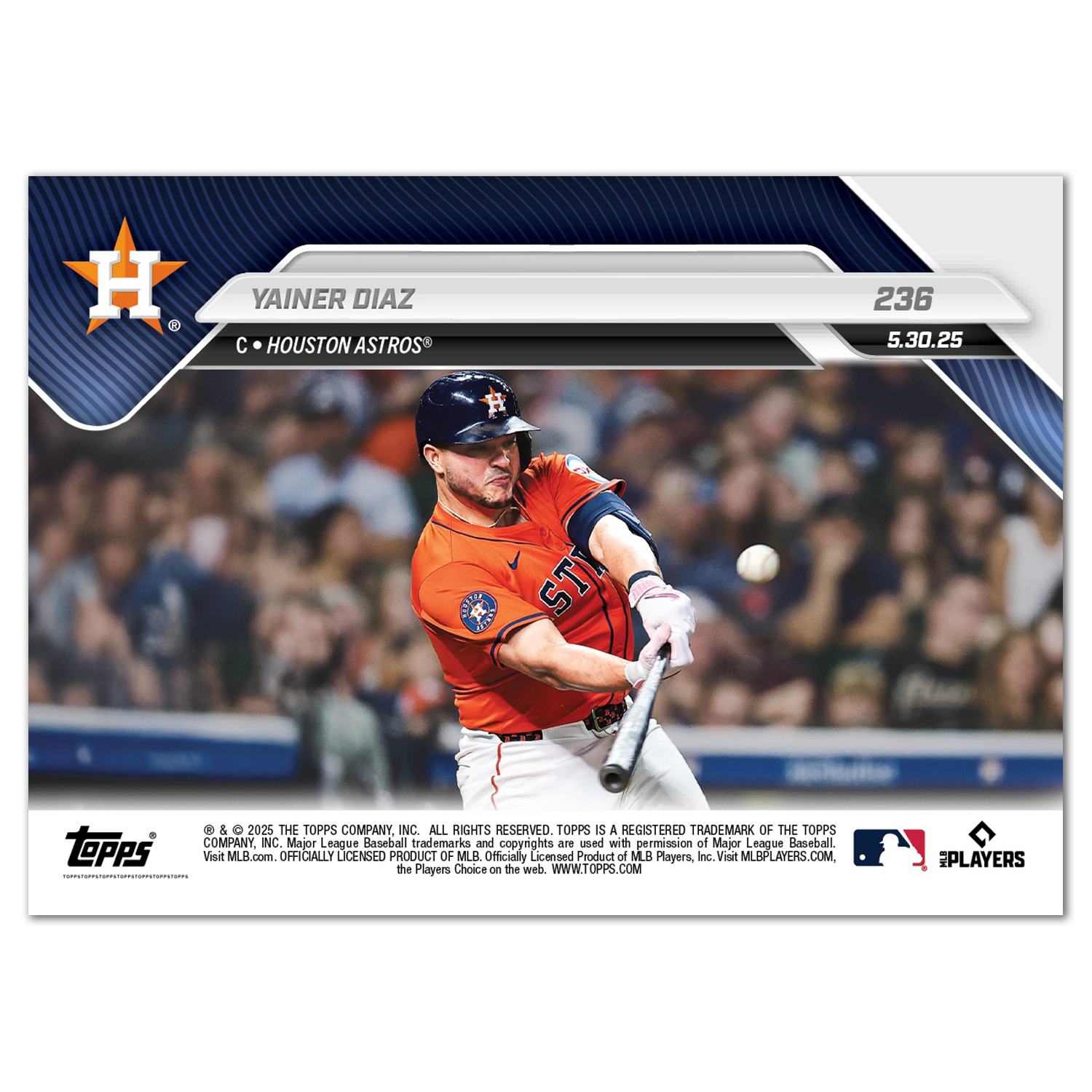 Alternative view of Yainer Diaz - 2025 MLB Topps NOW - Card 236 - PR: 423
