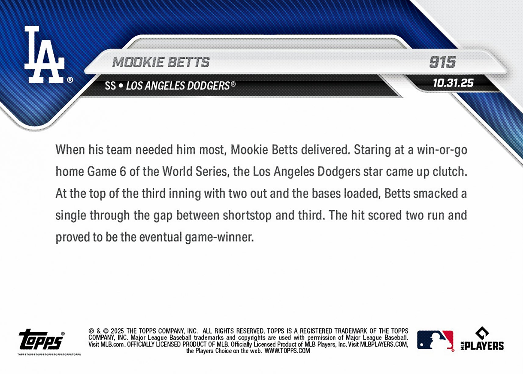 Mookie Betts - 2025 MLB Topps NOW - Card 915 - PR: 4437 - Image 2
