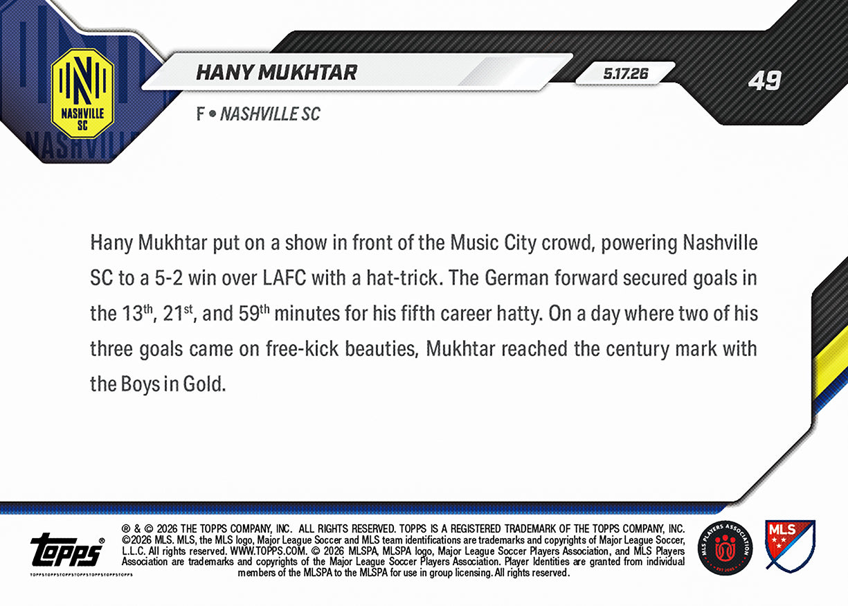 Hany Mukhtar - 2026 MLS Topps NOW - Card 49 - PR: 399 - Image 2