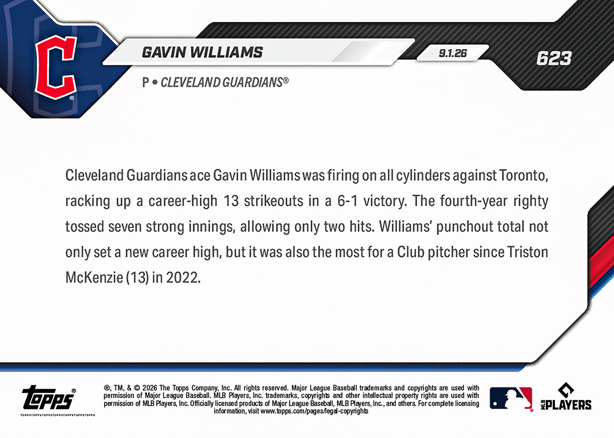 Gavin Williams - 2026 MLB Topps NOW - Card 623 - PR: 593 - Image 2