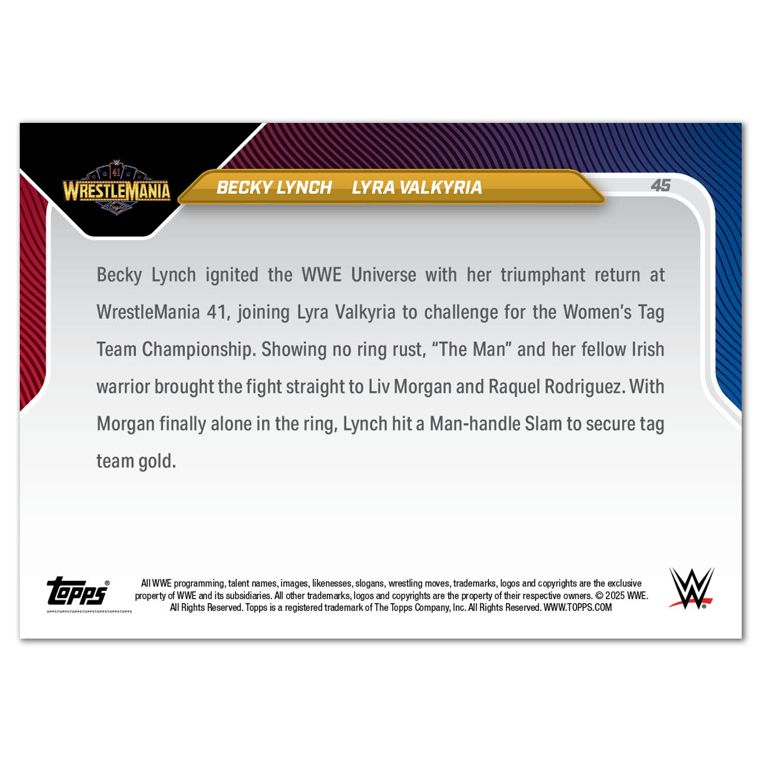 Becky Lynch/Lyra Valkyria - 2025 WWE Topps NOW - Card 45 - PR: 1408 - Image 2