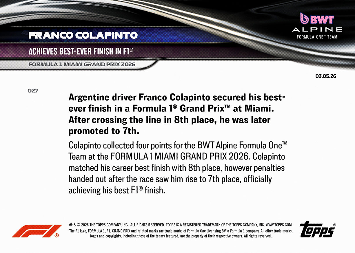 Franco Colapinto - 2026 Formula 1 Topps NOW - Card 27 - PR: 1675 - Image 7