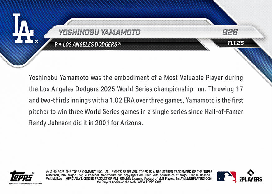 Yoshinobu Yamamoto - 2025 MLB Topps NOW - Card 926 - PR: 41205 - Image 3