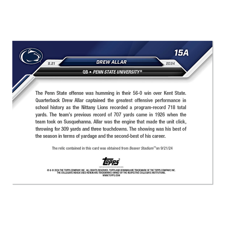 Game-used Ball Relic # to 49 or Lower - Drew Allar - 2024 Bowman U Now Card 15 - Image 4