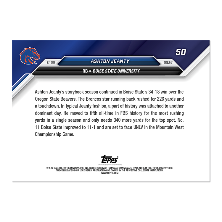 Alternative view of Ashton Jeanty - 2024 Bowman U NOW Football Card 50 - PR: 1424