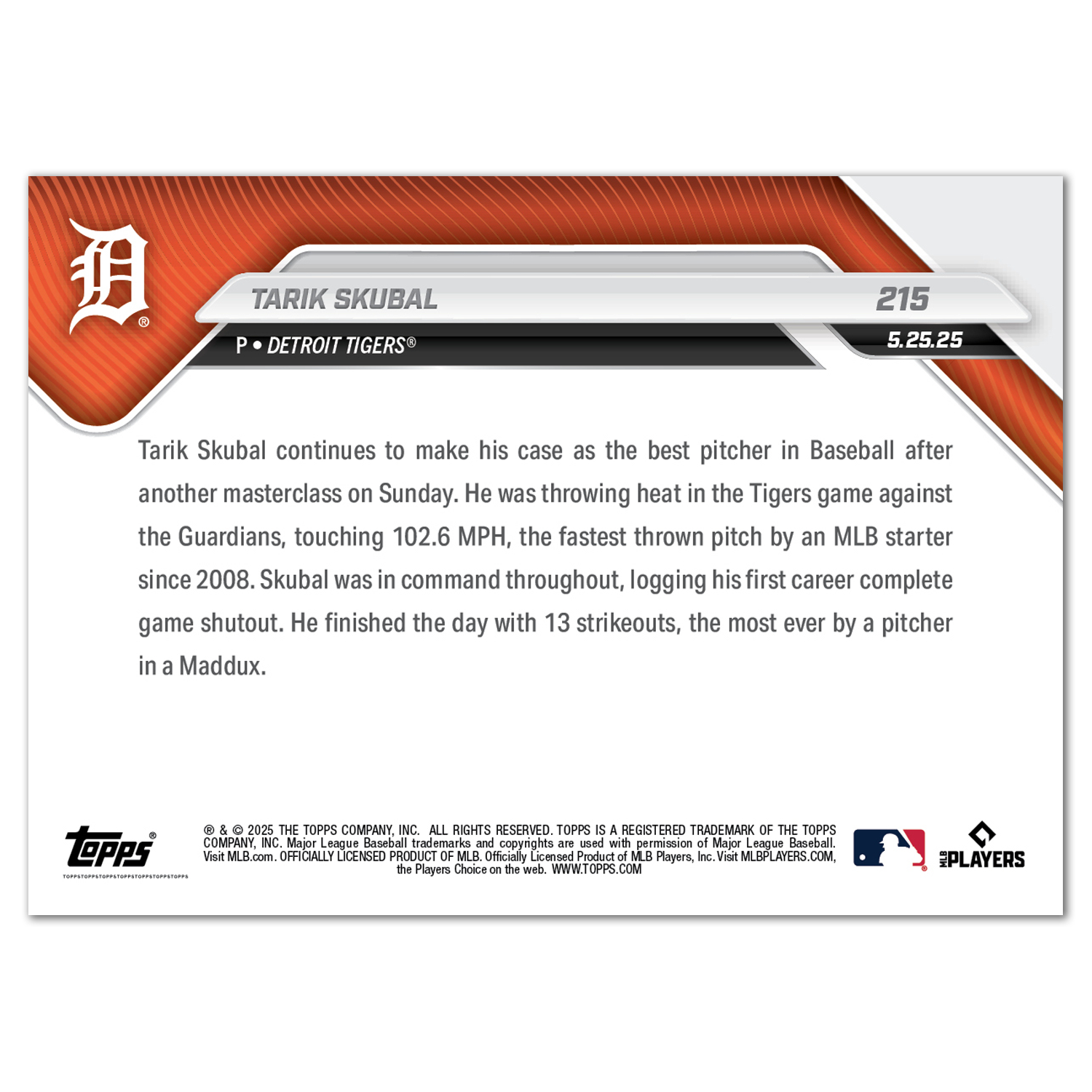 Tarik Skubal - 2025 MLB Topps NOW - Card 215 - LOOK FOR AUTOS - PR: 4147 - Image 3