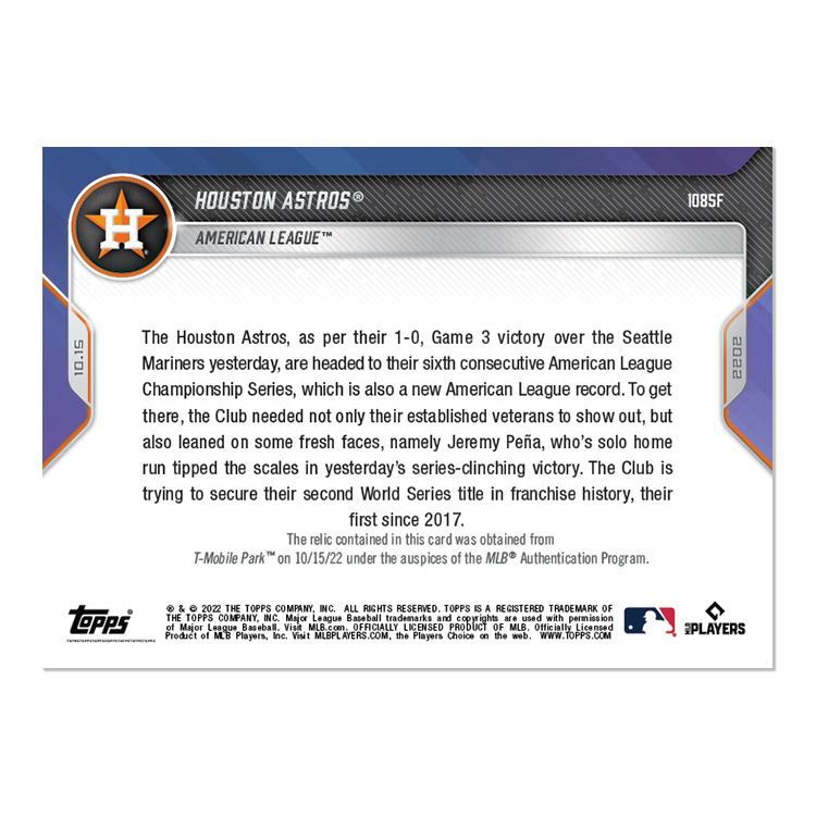 Game-used Base-Relic # to 1 - Houston Astros - 2022 MLB TOPPS NOW Card 1085F - Image 2