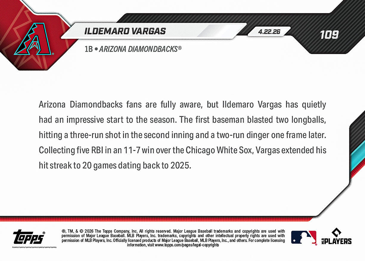 Ildemaro Vargas - 2026 MLB Topps NOW - Card 109 - PR: 499 - Image 2