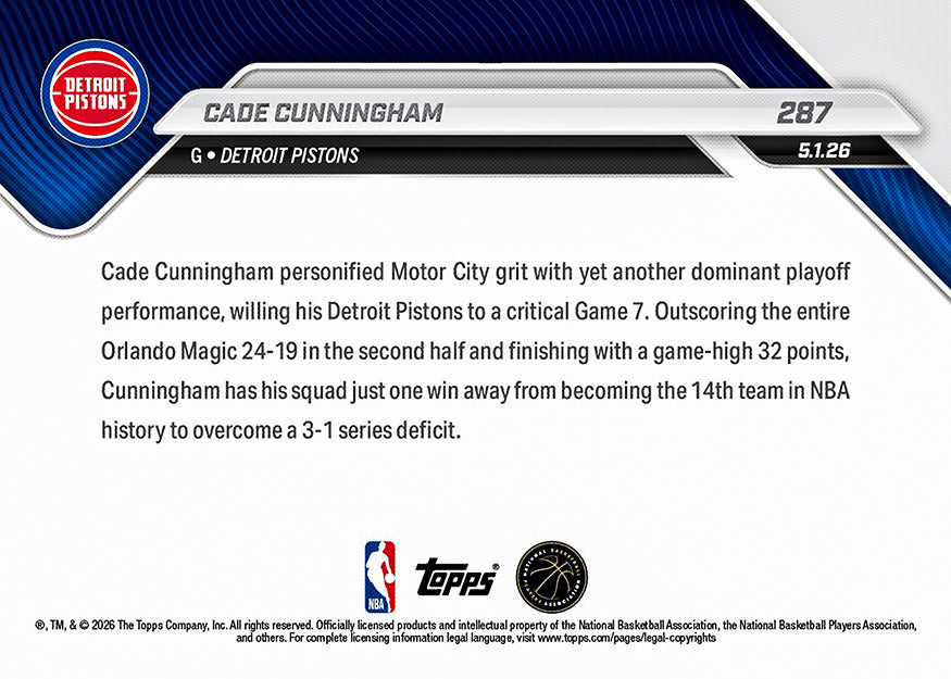 Cade Cunningham - 2025-26 NBA Topps NOW - Card 287 - PR: 914 - Image 2