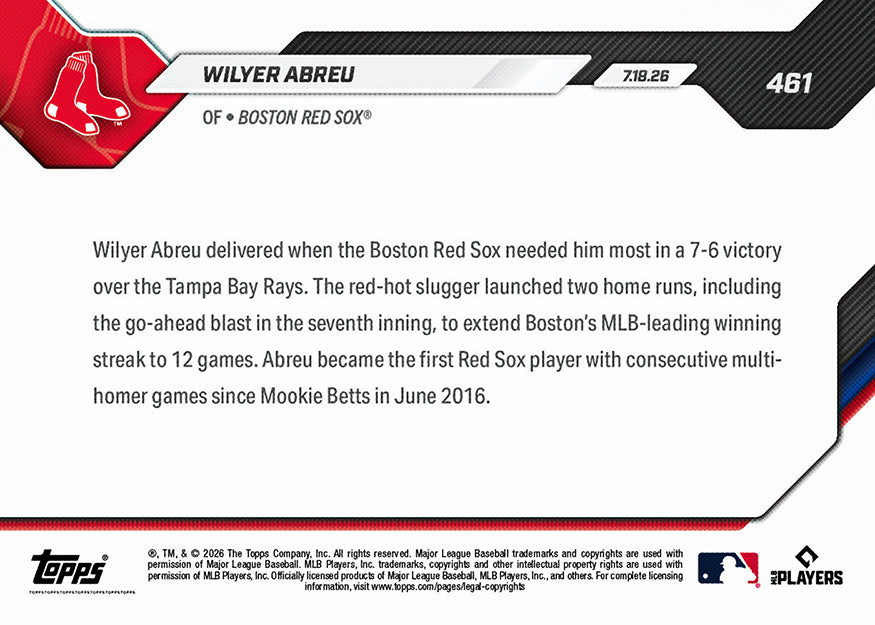 Alternative view of Wilyer Abreu - 2026 MLB Topps NOW - Card 461 - PR: 752
